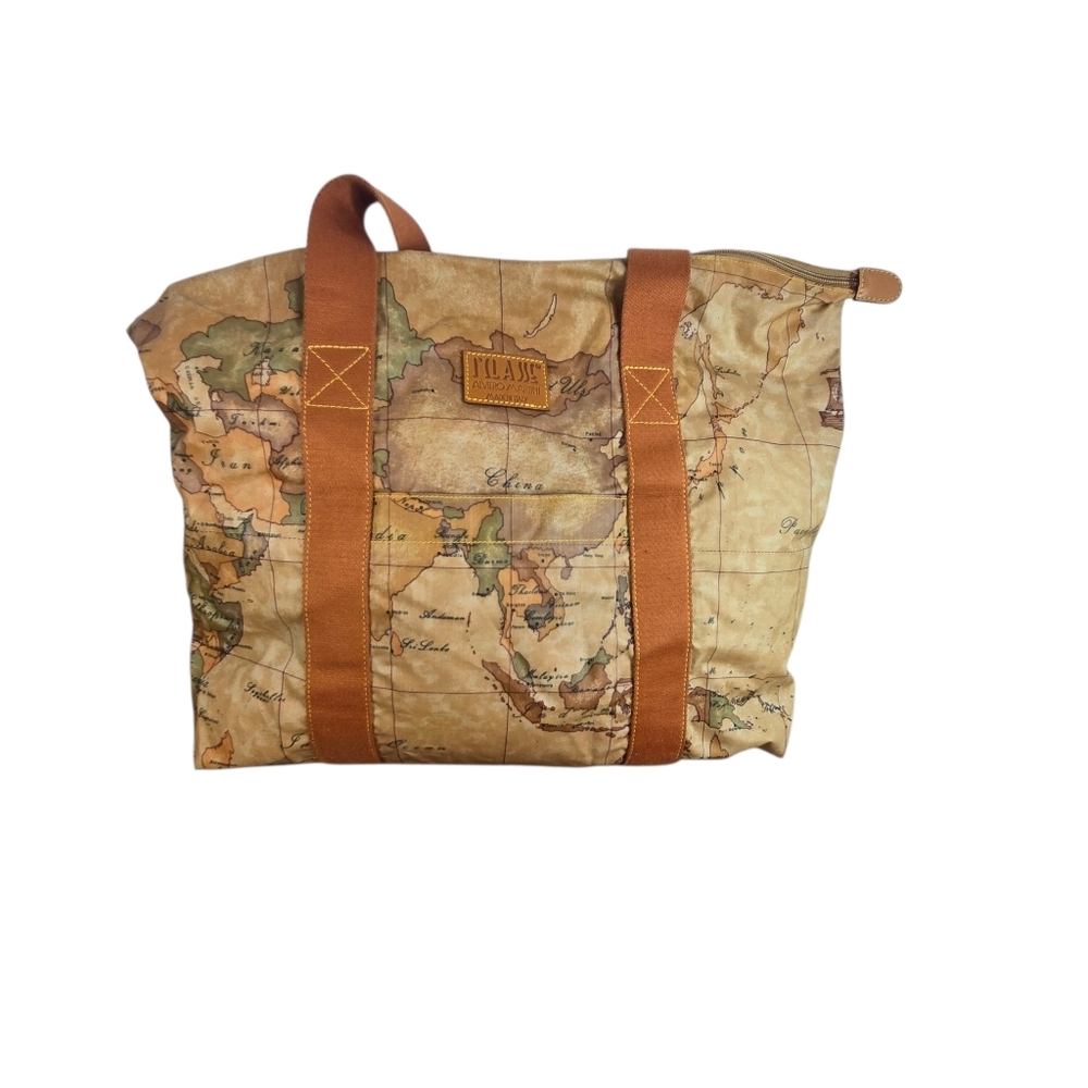 Vtg Alviero Martini Map Print Nylon Tote Overnight Travel Bag Made Italy